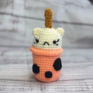 Handmade Crochet Boba Tea Cat Plushie Amigurumi